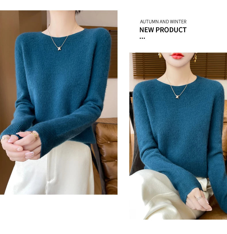 Autumn Winter Women Clothing O-Neck Pullover 100% Merino Wool Sweater New Fashion Cashmere Tops Bottoming Long Sleeve Knitwear