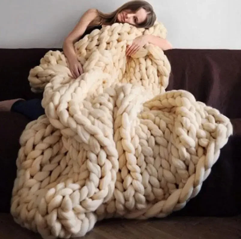 Nordic Style Chunky Knit Throw Blanket, Soft and Warm Wool Yarn Sofa Cover Handmade Cozy Knit Blanket