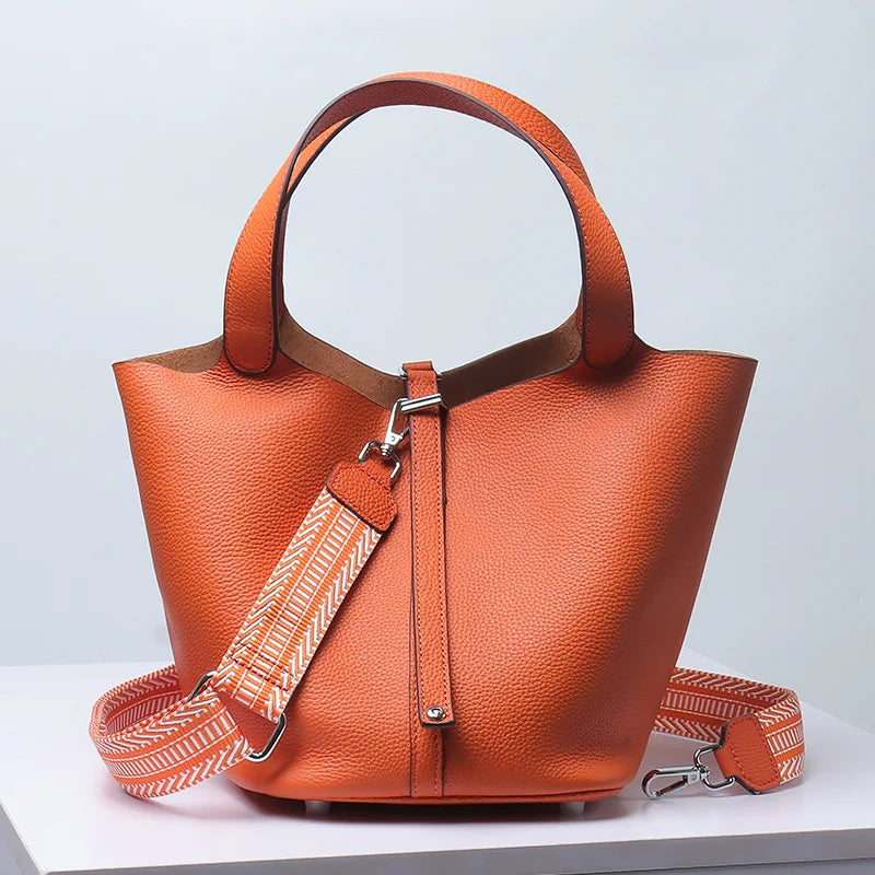 Various Genuine Leather Luxury Bag Fashion Women's Handbag Vegetable Basket Style Portable Women Bucket Bag with Lock