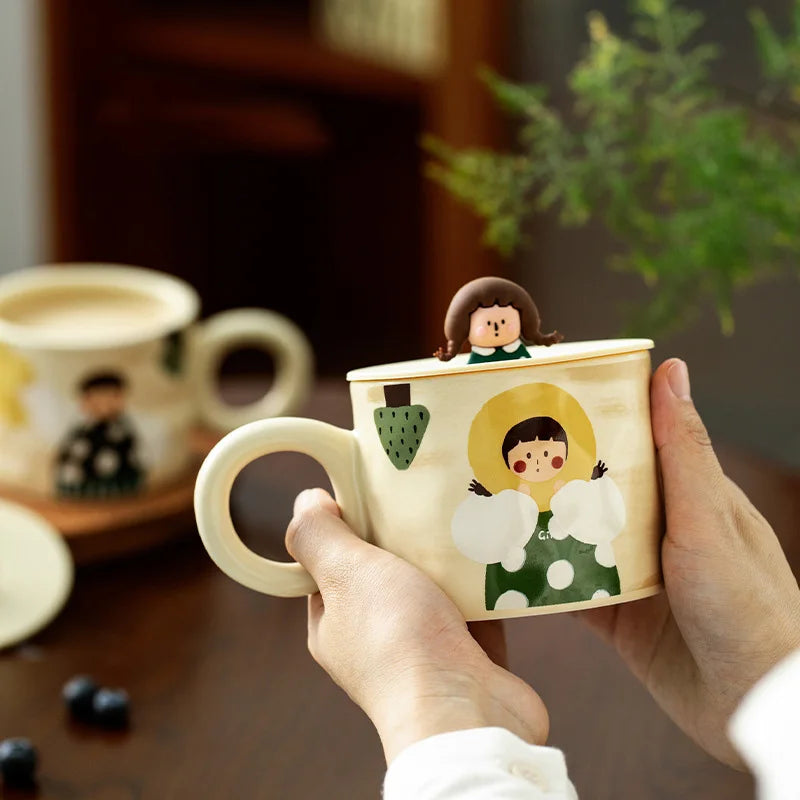 Cute Boys And Girls Couple Water Cup Ceramic Mug With 3d Lid&Handle Breakfast Cup Milk Coffee Cup For Restaurants/Cafes