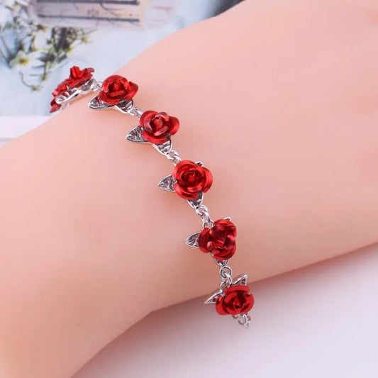 Romantic Adjustable Red Rose Link Chain Bracelet Fashion Valentine Gift for Lover Women's Hand Bracelets Bride Jewelry Accessori Valentines Gift