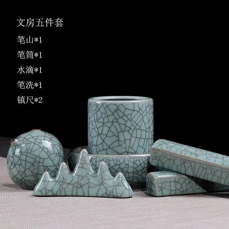 Royal Ming Celadon Study Four Treasures Set Calligraphy Supplies Pen Holder Paperweight Wash Adult