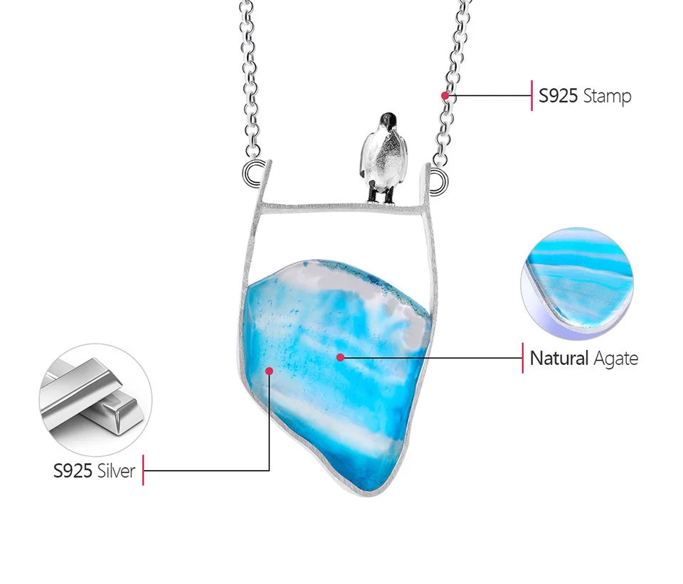 Lotus Fun Real 925 Sterling Silver Natural Agate Gemstones Fine Jewelry Lovely Penguin Necklace with Pendant for Women Collier