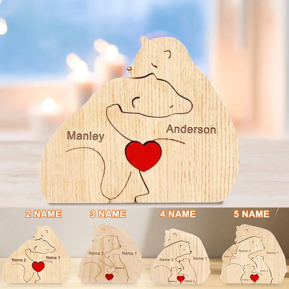 Custom Name Wooden Bear Family Ornaments Personalized Wood Carving Bear Puzzle Christmas Birthday Gift home decor action figure Valentines Gift