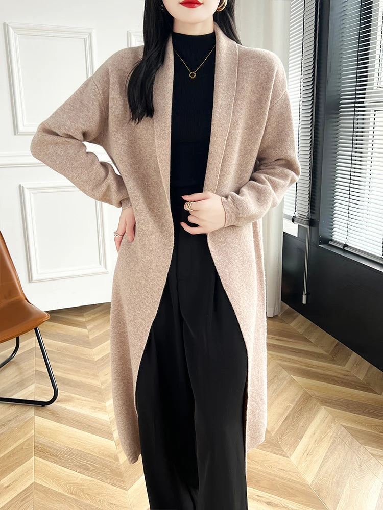 2024 Women Long Cardigan Cashmere Sweater Spring Autumn Winter Office Lady Loose Coat 100% Merino Wool Knitwear Korean Fashion