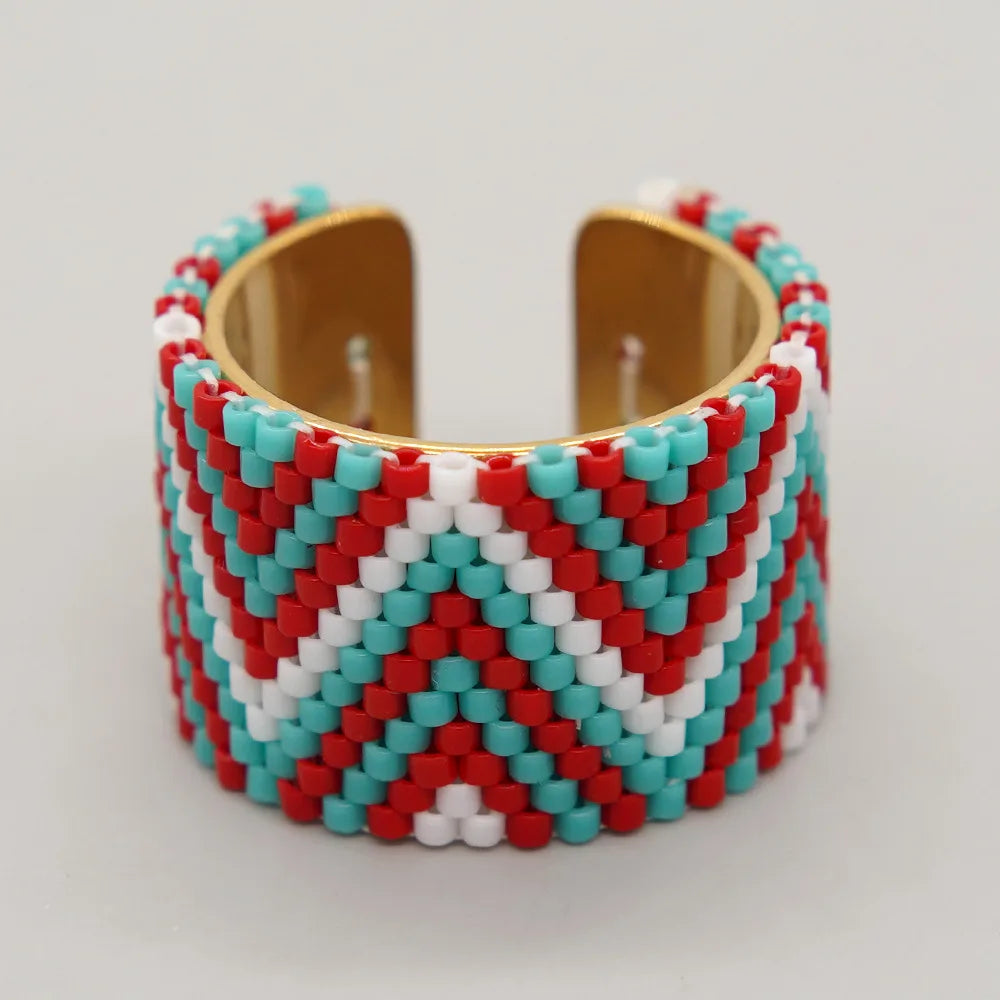 Mosengkw New Bohemian Glasses Pattern Miyuki Antique Rice Beads Pure Handwoven Jewelry Stainless Steel Ring