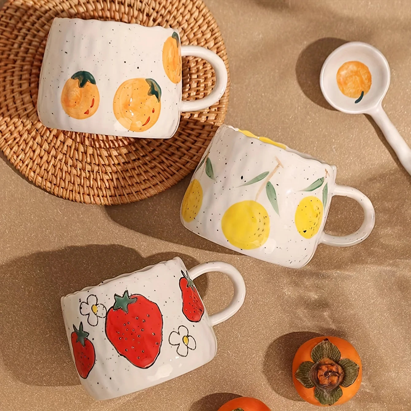 1pc 300ml Vibrant Fruit Themed Ceramic Coffee Mug All Occasions Gift Children's Porcelain Cup Breakfast Cup and Plate Drinkware