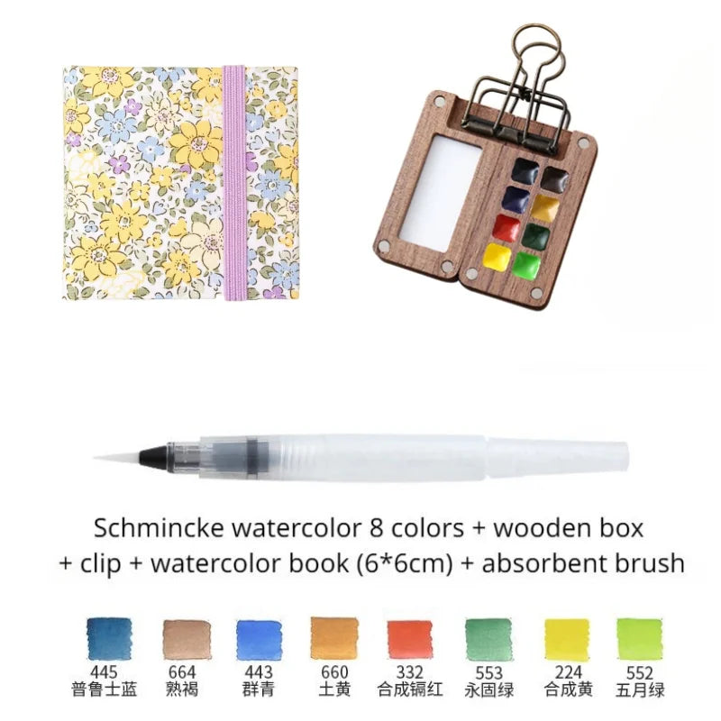 Portable Travel Watercolor Set Schmincke Watercolor 8 Colors Mini Walnut Paint Box Sketchbook Student Outing Art Supplies