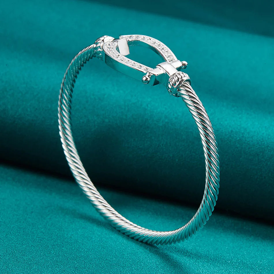 URMYLADY 925 Sterling Silver Horseshoe Buckle Bangle For Women Wedding Engagement Party Fashion Charm Jewelry