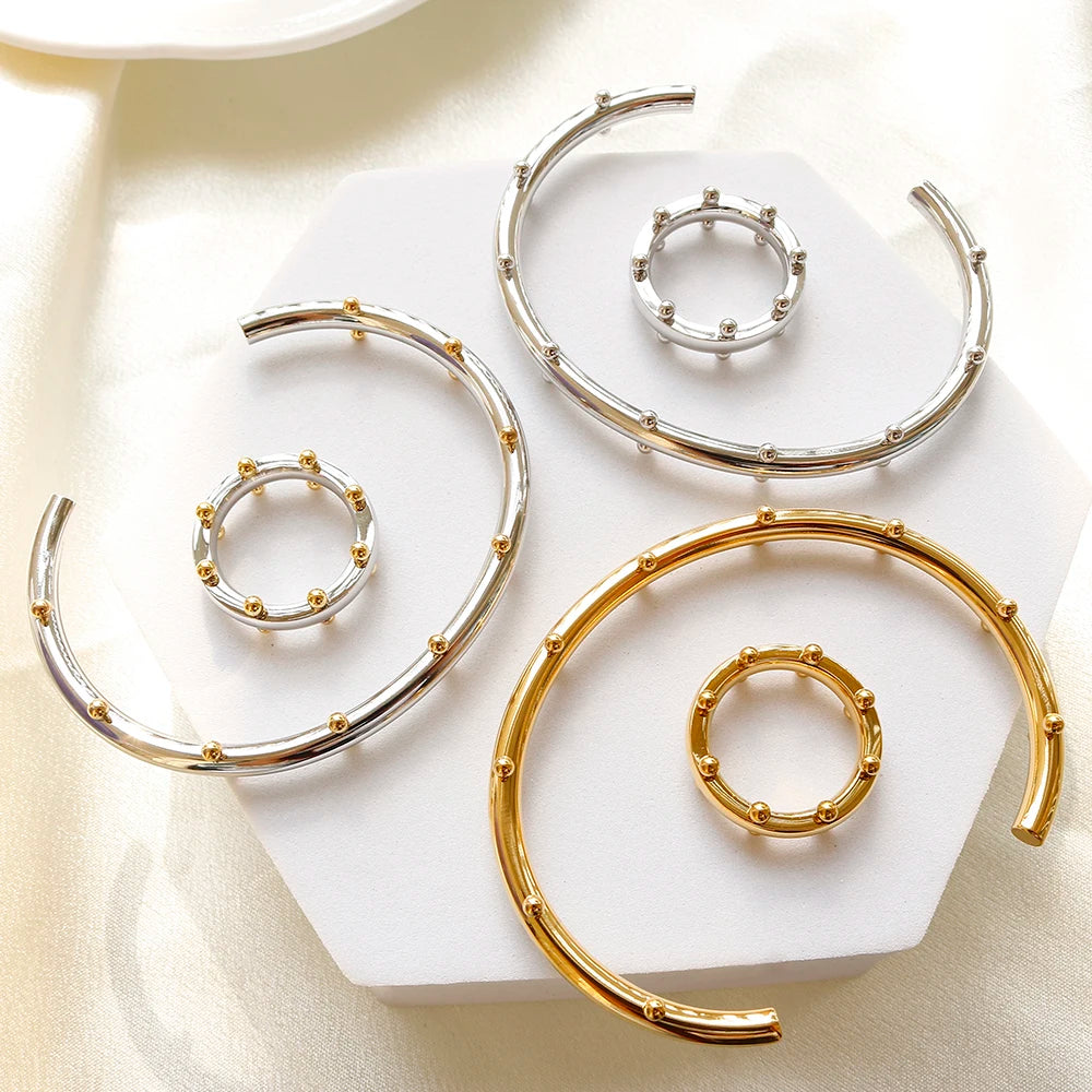 Luxury Jewelry Set Stainless Steel Bangle Bracelet Finger Ring Hoop Earrings With Mini Balls For Women Men Fashion Jewelry Gifts