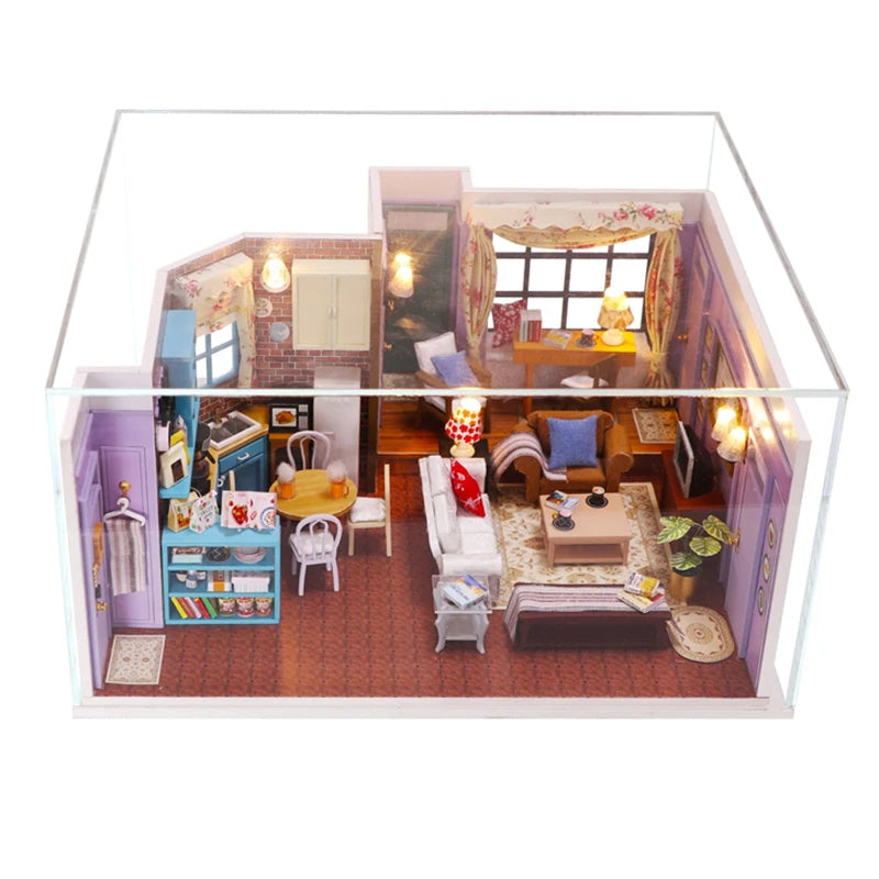 DIY Wooden Joey‘s Apartment Casa Miniature Building Kits Bookend With Lights Assembled Bookshelf Home Decoration Friends Gifts