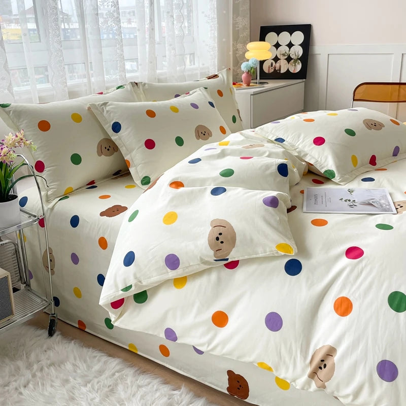 Colorful Polka Dot Cotton Duvet Cover Set with Zipper Cute Bear Bedding Sets for Men & Women, Luxury Reversible Comforter Covers