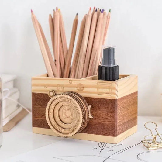 Pencil Holder Camera-shaped Concise Wood Especial Pen Container for Office