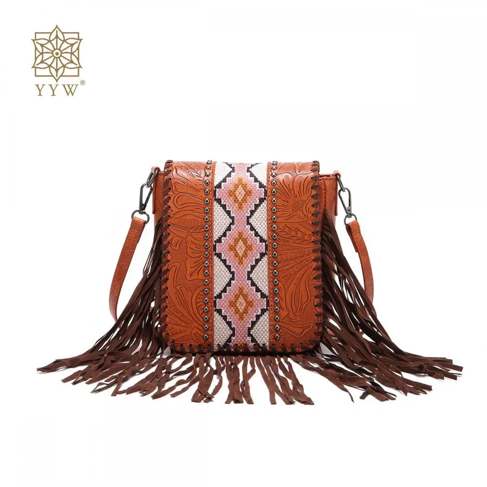 Small Vegan Leather Cowhide Women's Crossbody Handbag with Tassel Wrangler West Fringe Purse for Women Shoulder Bag Tooled Aztec