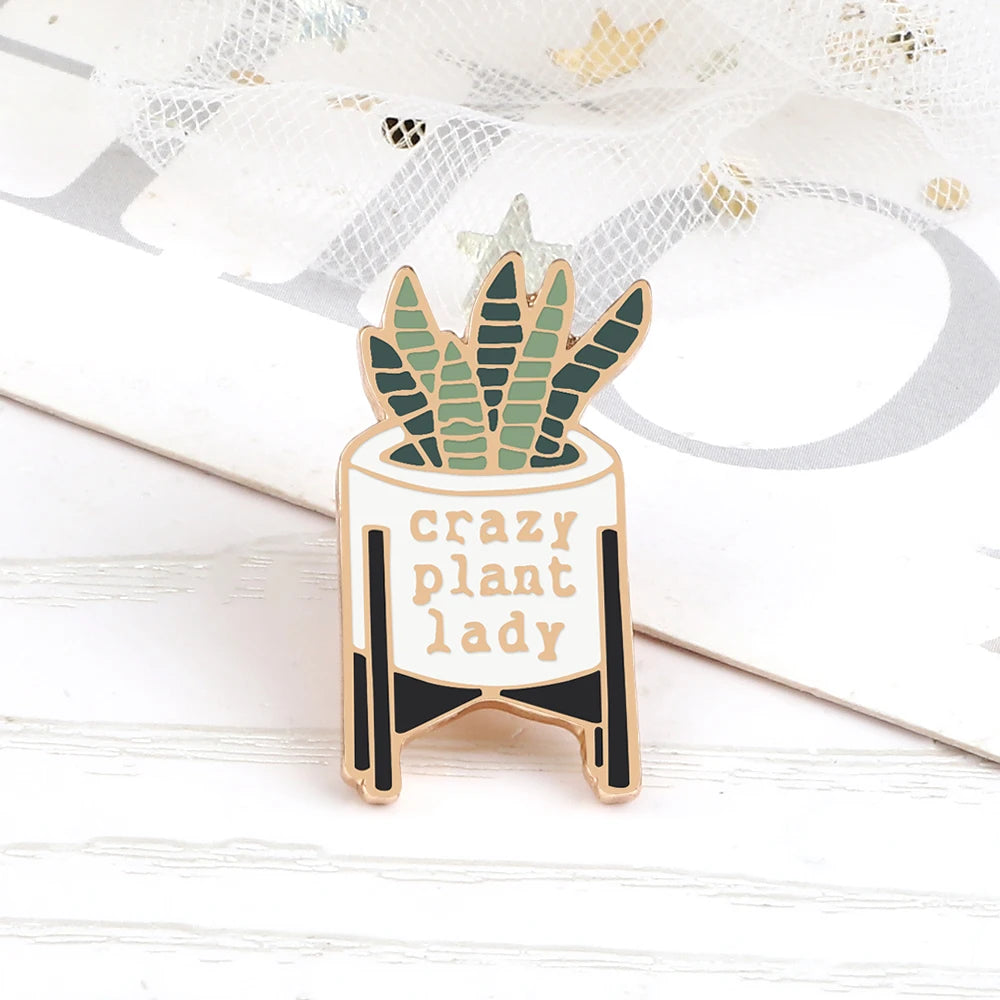 Crazy Plant Lady Brooches Green Succulents Aloe Potted Plants Enamel Badge Creative Cartoon Bag Backpack Lapel Pins Jewelry Gift