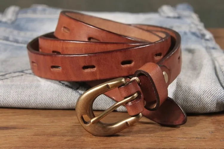 Retro Genuine Leather Women's Belt Pure Copper Button Western Cowboy Style Luxury Brands Jeans Belt Fashion Luxury Women Belt