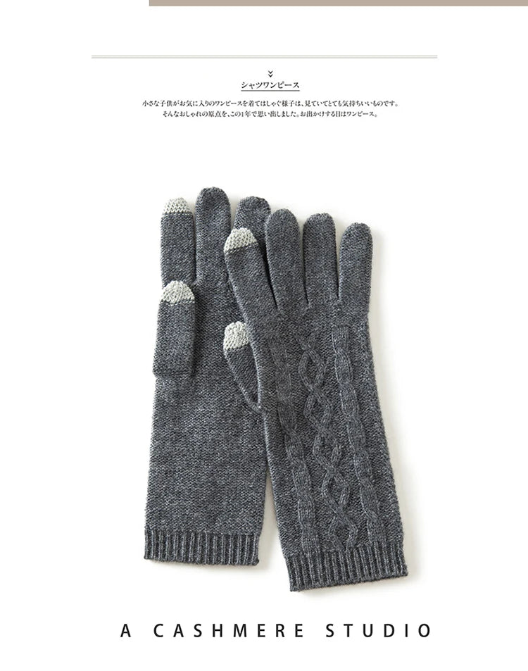 100% Real Cashmere Knitted Gloves Touchscreen Finger Women Autumn Winter Thick Cable Warm Wrist Length Classic Female Mitten