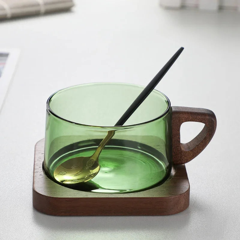 200ml Glass American Latte Coffee Cup With Wooden Tray High Borosilicate Heat-resistant Milk Tea Cup Fresh Ground Coffee Mug