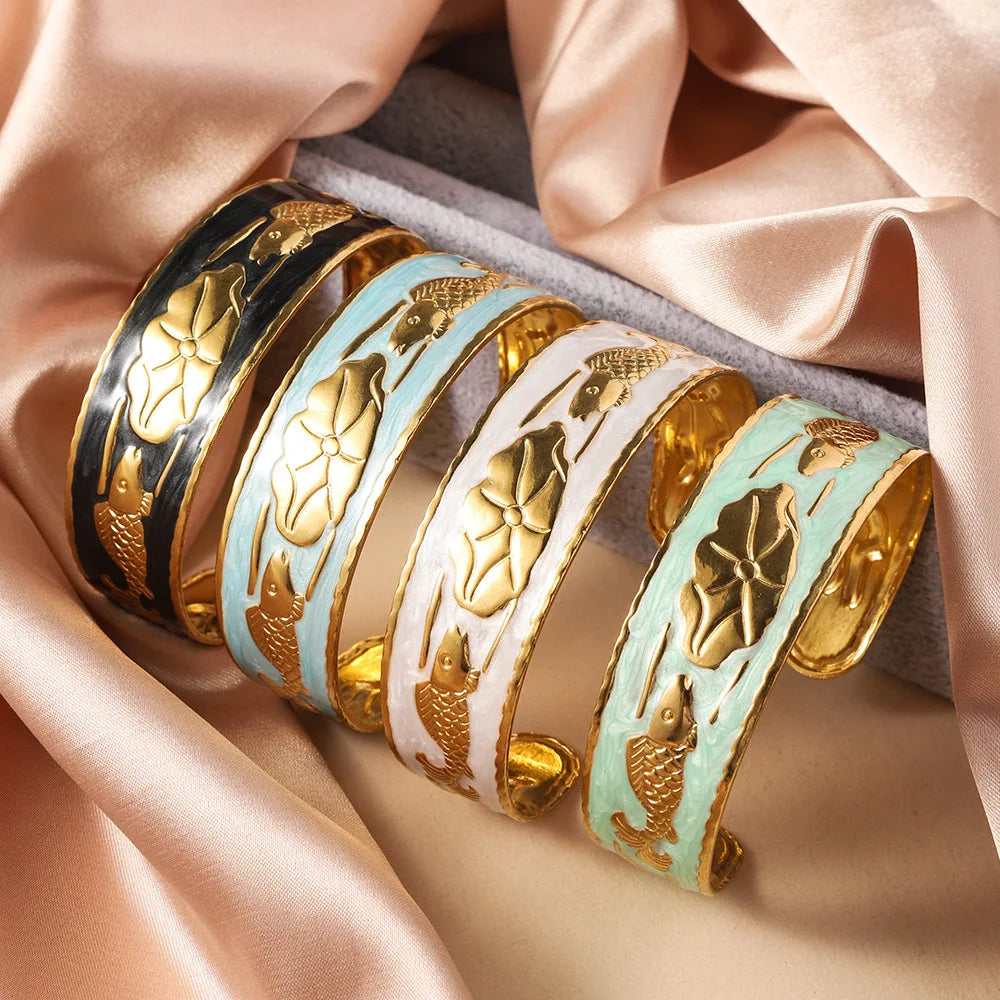 New Fashion Lotus Leaf Pattern Cuff Stainless Steel Bangle Bracelet Adjustable Women's Exaggerated Oil Drip Colorful Bracelet