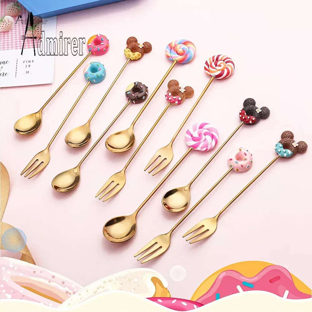 Stainless Steel Spoon Fork Cute Version Rainbow Lollipop Donut Macaron Dessert Spoons Fruit Forks Kids Set Kitchen Accessories