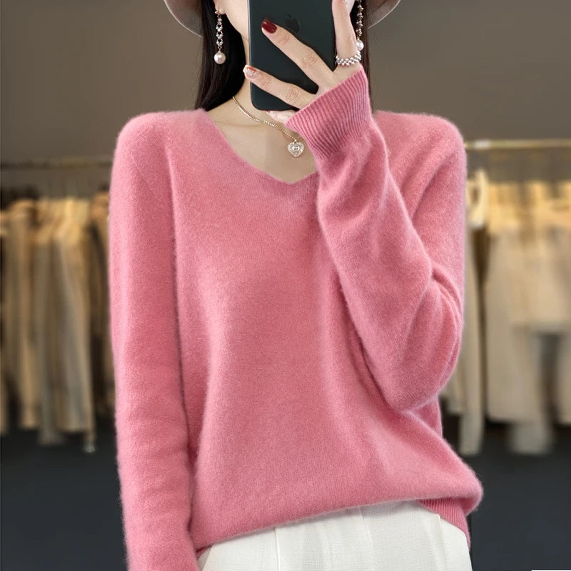 100% pure wool cashmere sweater women's V-neck pullover casual knit top autumn and winter women's coat Korean fashion