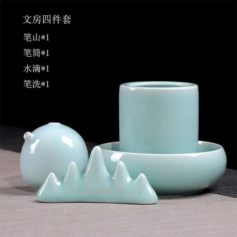 Royal Ming Celadon Study Four Treasures Set Calligraphy Supplies Pen Holder Paperweight Wash Adult