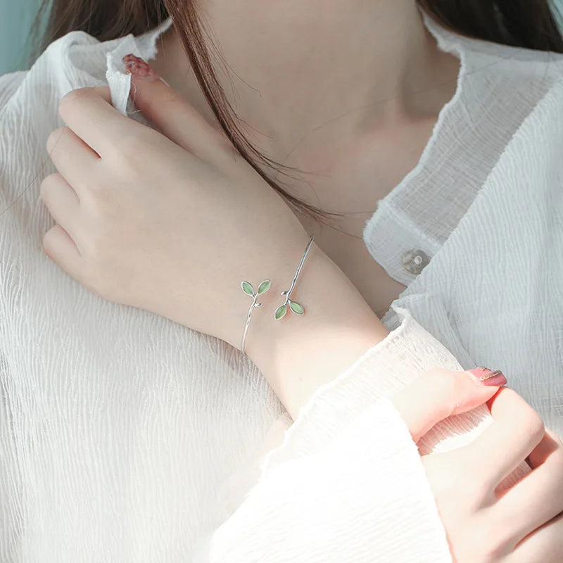 VENTFILLE 925 Stamp Silver Color Bangle for Women Green Opal Leaf Twigs Branch Jewelry Girls' Gift Dropshipping