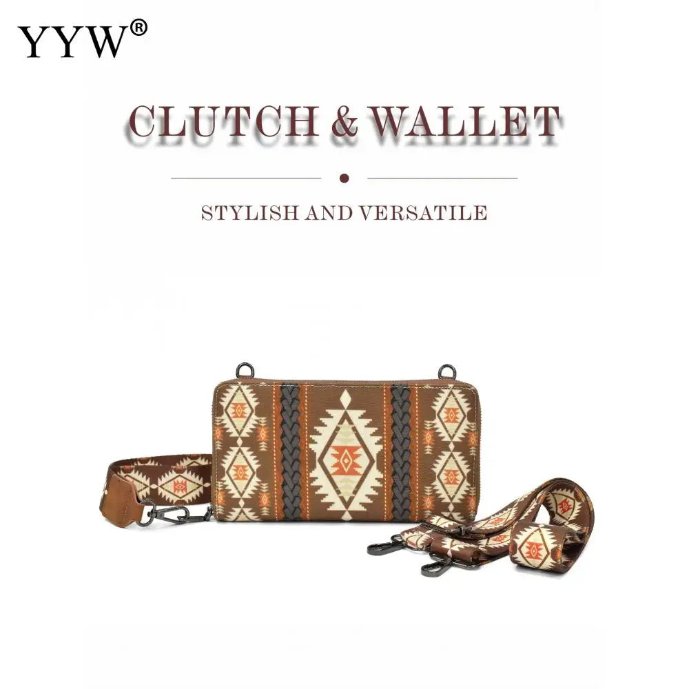 Fashion Bohemian Cowgirl Wallet Purse for Women Western Aztec Ethnic Clutch Wristlet Wallet with Credit Card Holder Shoulder Bag