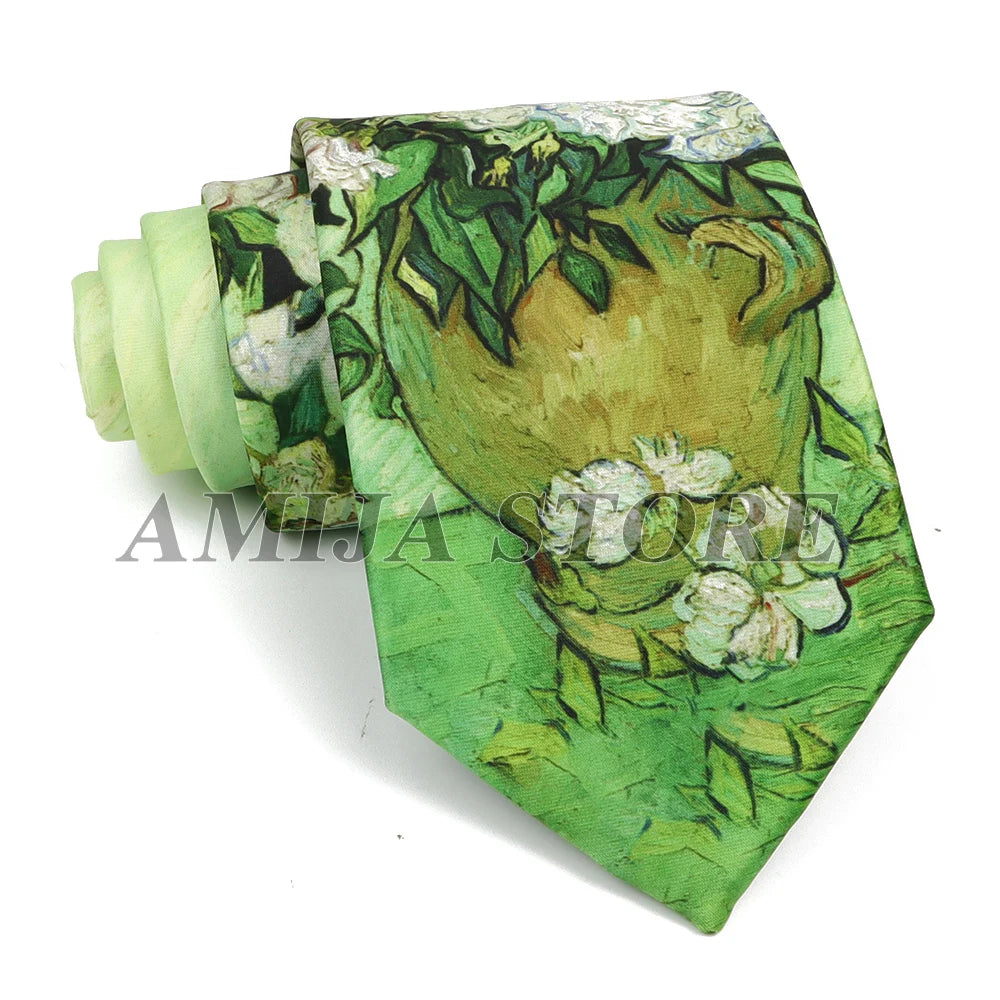 Vintage Imitation Silk Ties Men's Fashion 8cm Graffiti Painting Floral Necktie For Men Wedding Business Soft Printing Tie Wed Gi