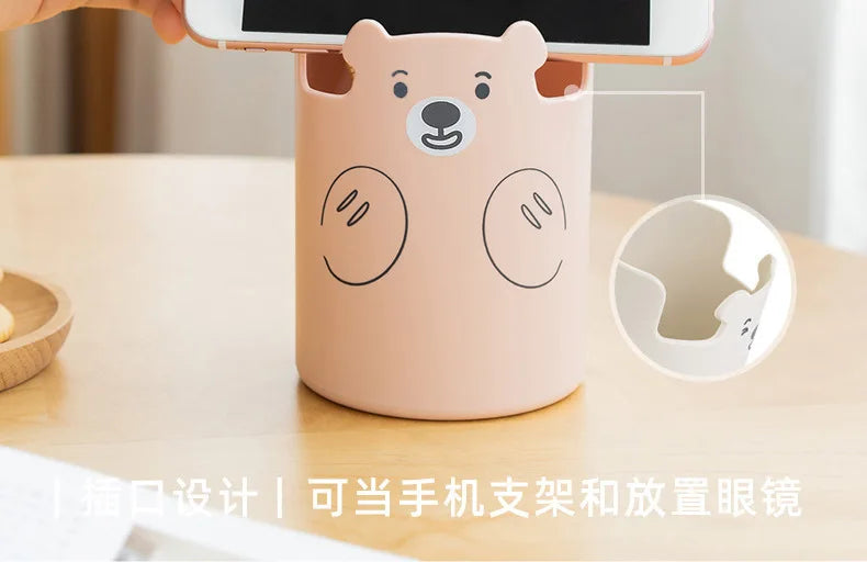 Kawaii Bear Pen Pencil Pot Holder Brush Storage Container Desk Organizer Multifunction phone holder Stationery Office Supplies