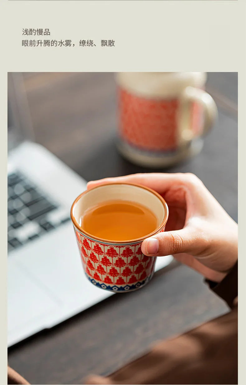 Chinese Style Teacup Set with Ruyao WanHua, Small Warm Pot, Lid Mug, Large Capacity Ceramic Hand Warmer, Travel Tea Pot + Cup