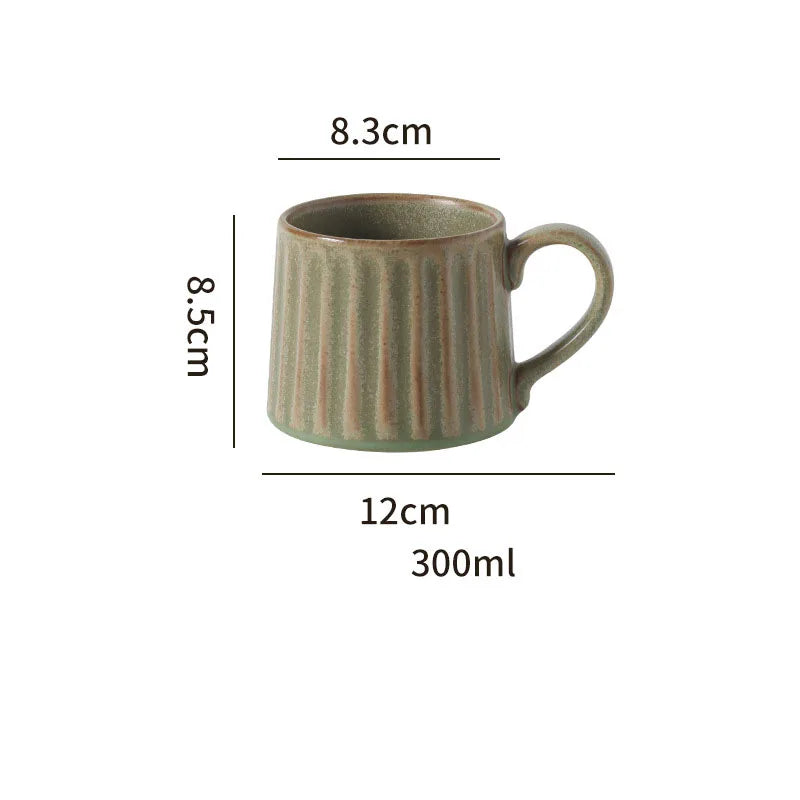 300ML Japanese Retro Rough Pottery Mug Unique Ceramic Office Coffee Cup Dish Set Home Creative Vertical Pattern Brewing Tea Cup