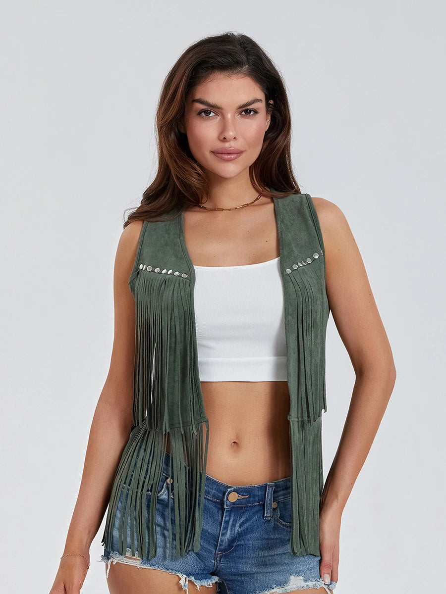 Women Fringe Vest Faux Suede Open Front Vintage Vest Sleeveless Hippie Clothes Boho Western Cowboy Style Short Jacket