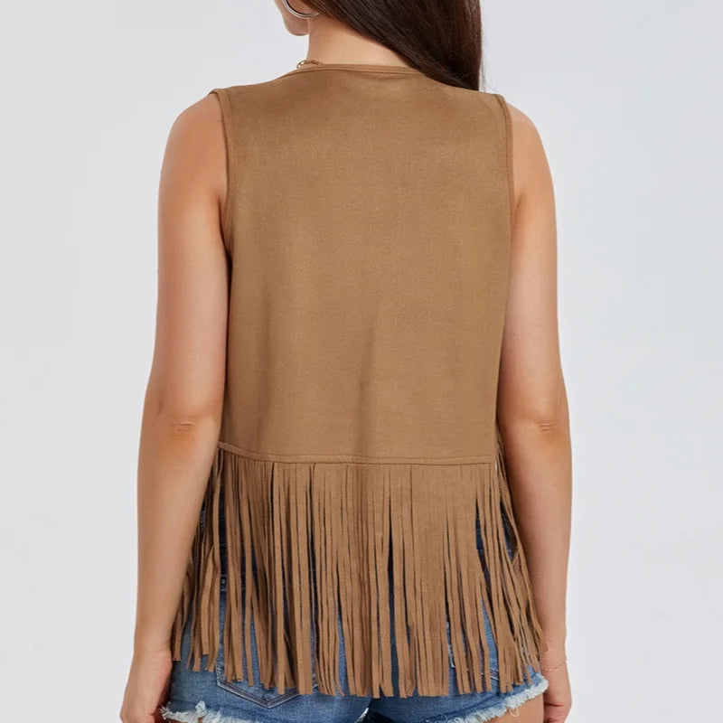 Women Fringe Vest Faux Suede Open Front Vintage Vest Sleeveless Hippie Clothes Boho Western Cowboy Style Short Jacket