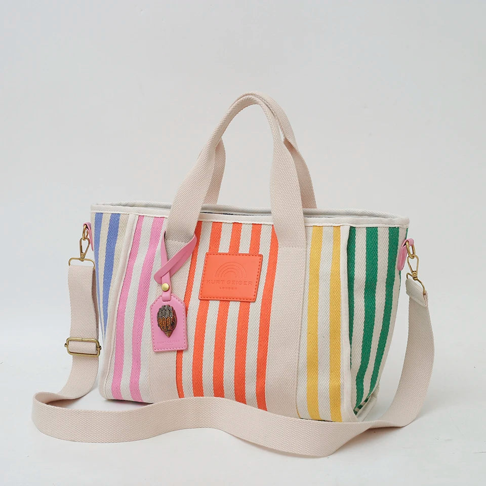 Summer Fashion Beach Bag Colorful Stripe Canvas Bag Handheld Tote Bag Women's Leisure Vacation One Shoulder Crossbody Bag-ll