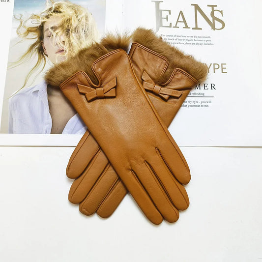 Women's sheepskin bow gloves with warm velvet lining and genuine leather driving gloves