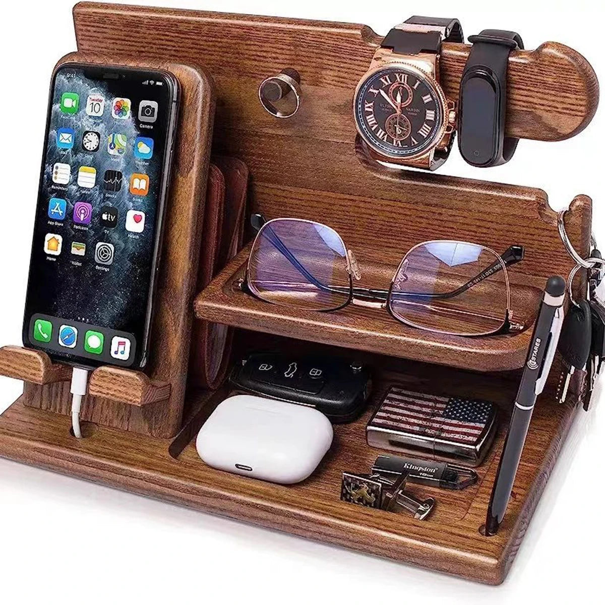 Solid Wood Phone Stand Desktop Creative Storage Rack Multifunctional Hanging Watch Glasses Key Accessories -1pcs