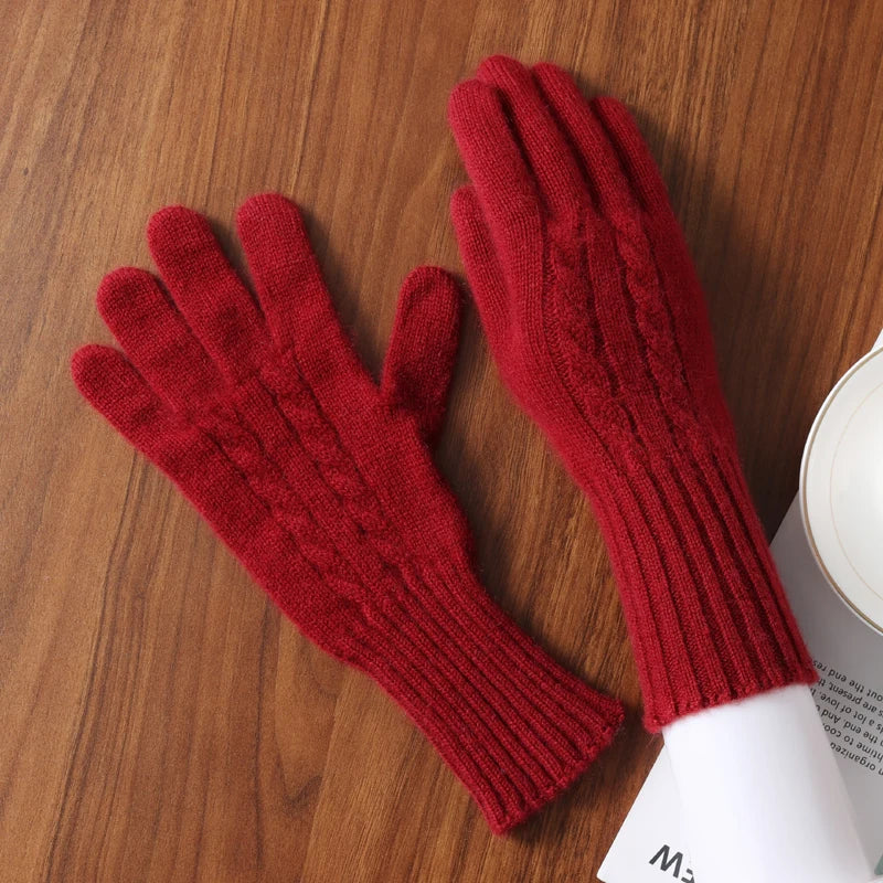 Women Wool Cashmere Gloves Cable Knit Touchscreen Finger Hole Winter Autumn Warm Wrist Length Classic Gloves Female Mitten