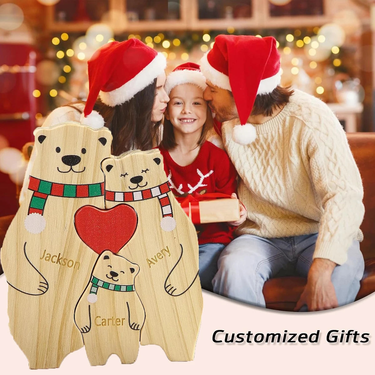 Custom Name Wooden Bear Family Ornaments Personalized Wood Carving Bear Puzzle Christmas Birthday Gift home decor action figure Valentines Gift