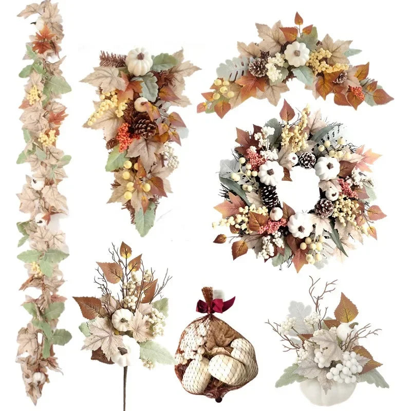 Autumn Wreath Farmhouse Decoration Farmhouse Thanksgiving Maple Leaf Berry Halloween White Pumpkin Set Garland Ornament Pendant Valentines Gift