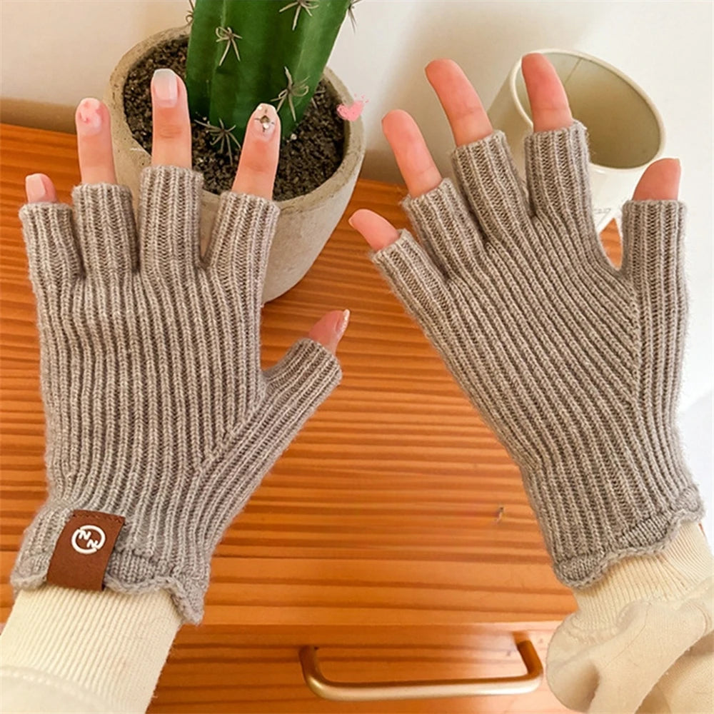 Women's Solid Color Knitted Warm Gloves Winter Half Finger Touch Screen Mittens Outdoor Cycling Stretch Gloves for Adult Couples