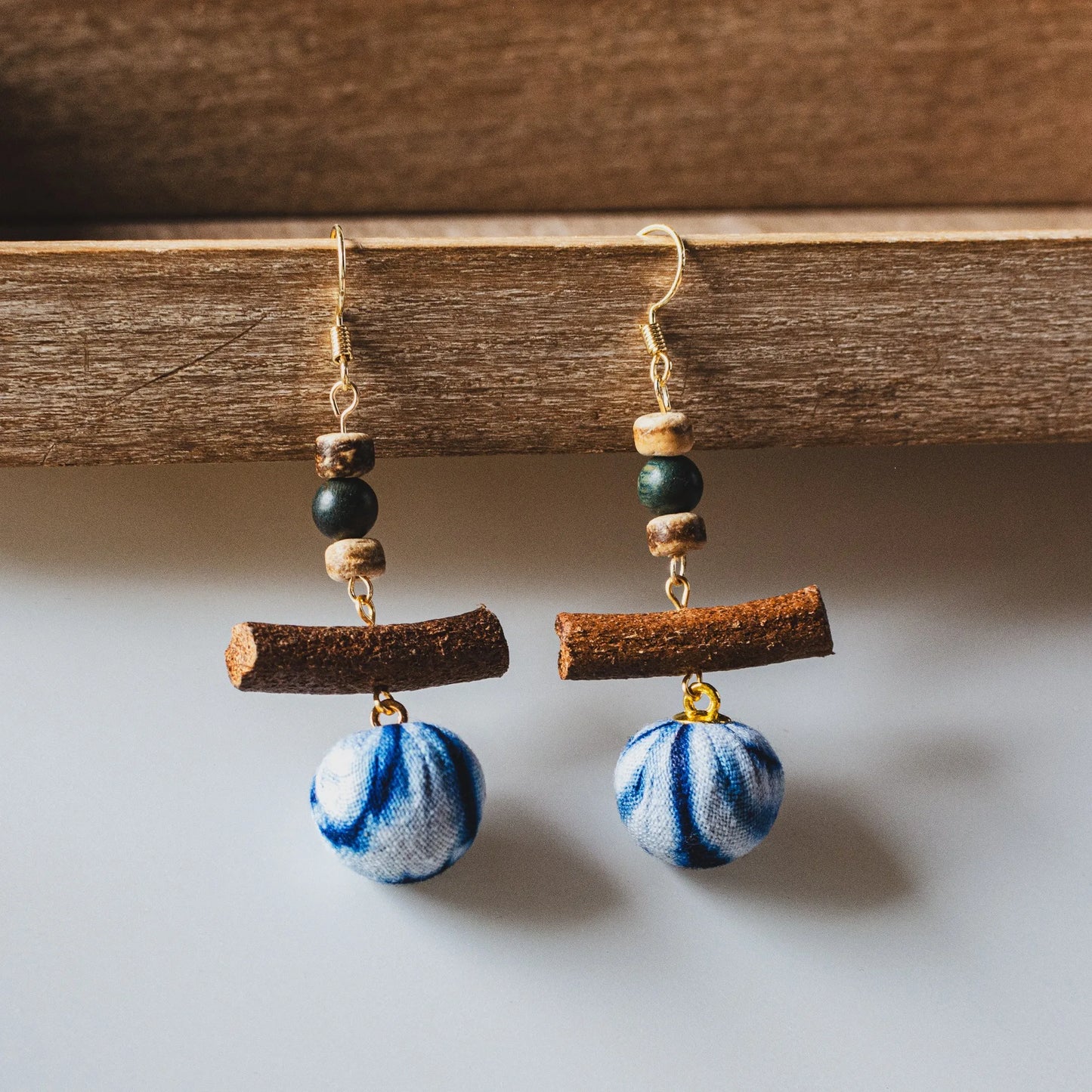 A pair of handmade indigo tie dye earrings with a shabby style, Chinese retro and ethnic style Women's Accessories