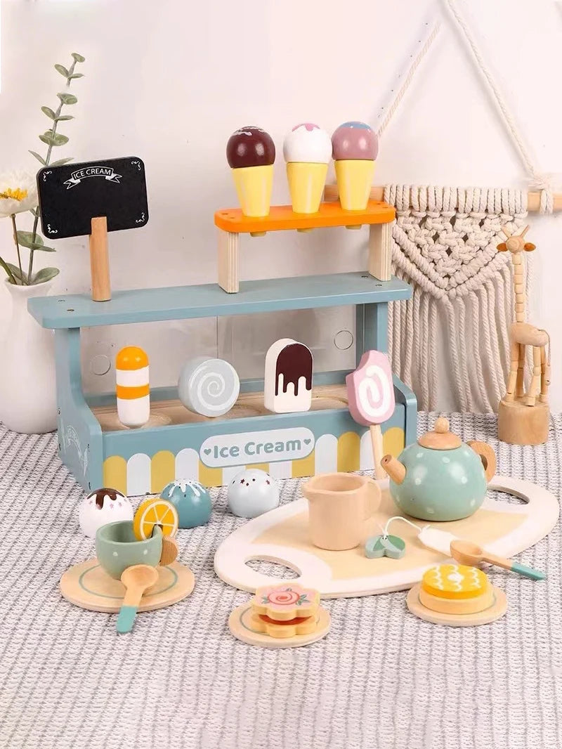 Kids Wooden Toy Ice Cream Counter Playset Tea Party Set Toy Montessori Pretend Play Kitchen Toy Role Play Game for Children Gift