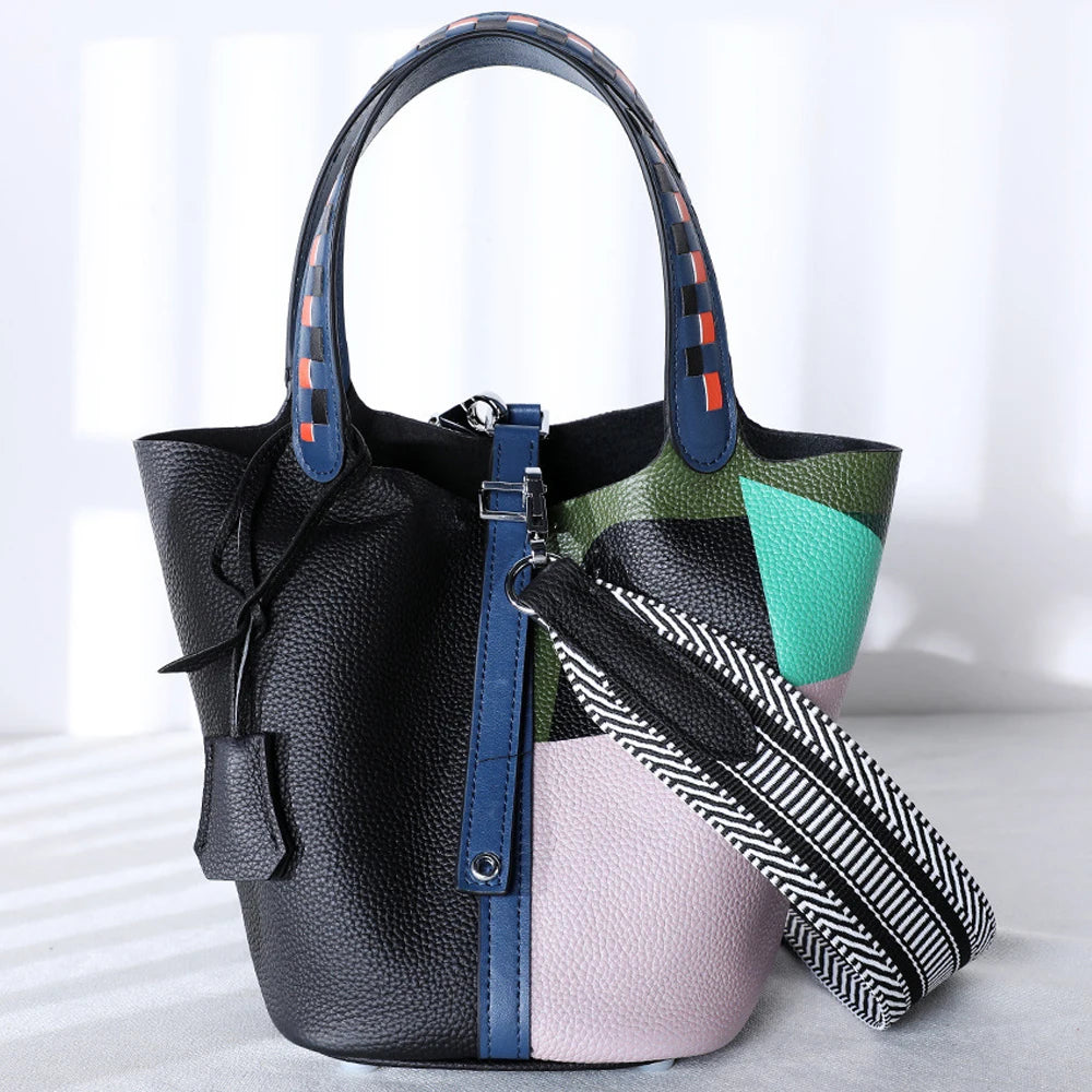 Various Genuine Leather Luxury Bag Fashion Women's Handbag Vegetable Basket Style Portable Women Bucket Bag with Lock