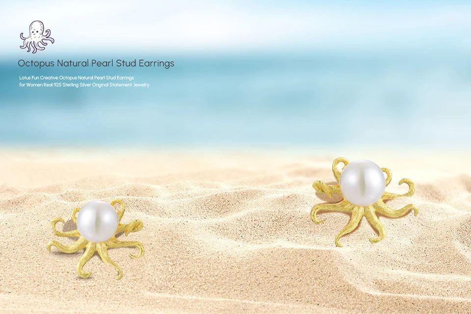 Lotus Fun Creative Octopus Natural Pearl Stud Earrings for Women Real 925 Sterling Silver Original Statement Luxury Fine Jewelry