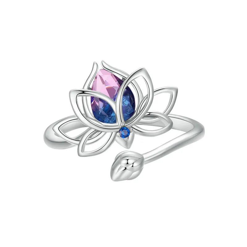 BAMOER 925 Sterling Silver Lotus Adjustable Ring Encouragement Lotus Flower Open Wrap Ring Inspirational Jewelry Gift for Women