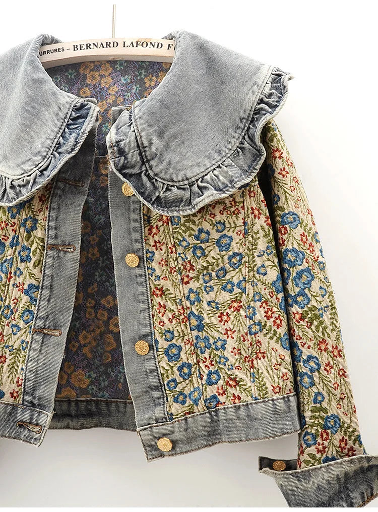 Spring Fashion Jacquard Embroidery Denim Jacket Women Loose Short Blue Cowboy Outwear Peter Pan Collar Jeans Jacket Coat Female