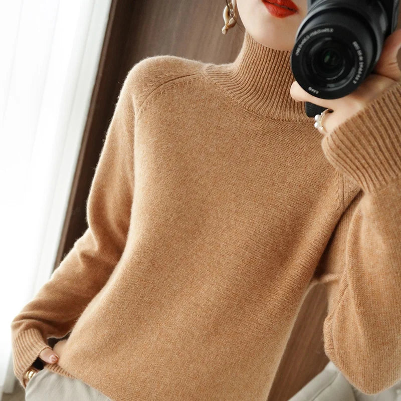 Fashion Basic Autumn Winter  Merino Wool Sweater Mock Neck Cashmere Pullover  Solid Color Soft Long Sleeve Clothing Tops