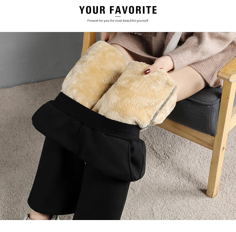 Women Warm Winter Plush Thick Pants Lambskin Cashmere Trousers High Waist Cotton Fleece Loose Female Wide Leg Pants PELEDRESS