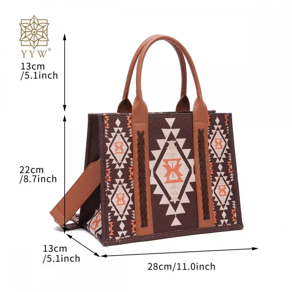 Retro Women Cotton Linen Handbag Large Capacity Western Boho Aztec Wide Shoulder Tote Bags with Coin Wallet Lady Bucket Purse